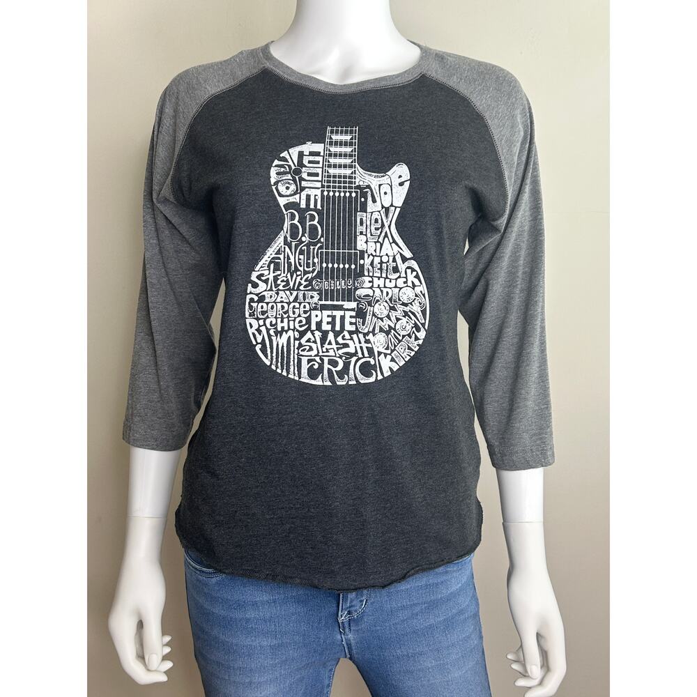 LA Pop Art Raglan Baseball Rock Guitar Head Word Art T Shirt Women Small GUC
